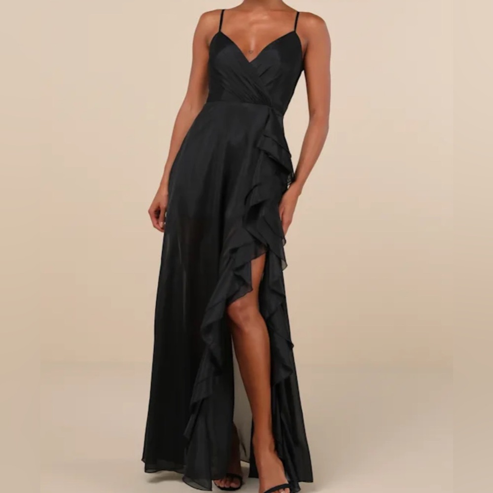 Lulus Dress, black maxi length with side slit and ruffles